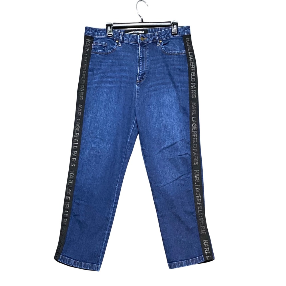 Karl Lagerfeld Paris Womens Side Logo Tape Straight Leg Jeans Blue Size 16 Chic